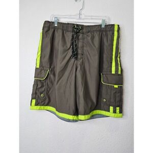 Joe Boxer Mens Cargo Swim Trunks Green Neon Lime Size Large Pockets Board Shorts